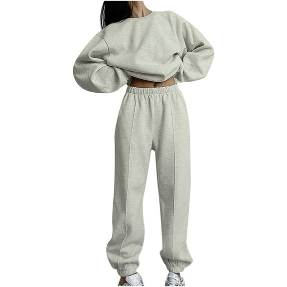 Oksale Sweatsuits Set Women 2 PC Loose Crewneck Pullover Sweatshirts Baggy Cozy Solid Color Sweatpants Athletic Joggers Outfits Gray M