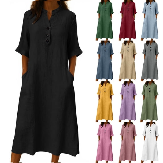 Oksale T Shirt Dress Women Casual Cozy Cotton Linen Midi Dresses with Pockets Dressy Button V Neck Summer Dress for Vacation Black L