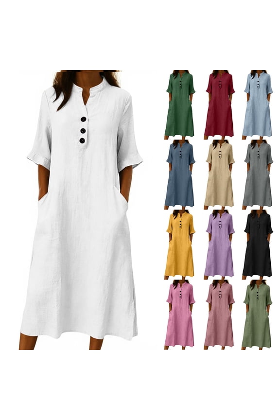T Shirt Dress Women Casual Cozy Cotton Linen Midi Dresses with Pockets Dressy Button V Neck Summer Dress for Vacation White S