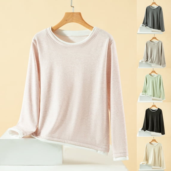 Oksale T Shirts for Women Casual Crew Neck Fall Tops Cozy Long Sleeve Shirt Soft Loose Fleece Lined Fall Clothes Black L