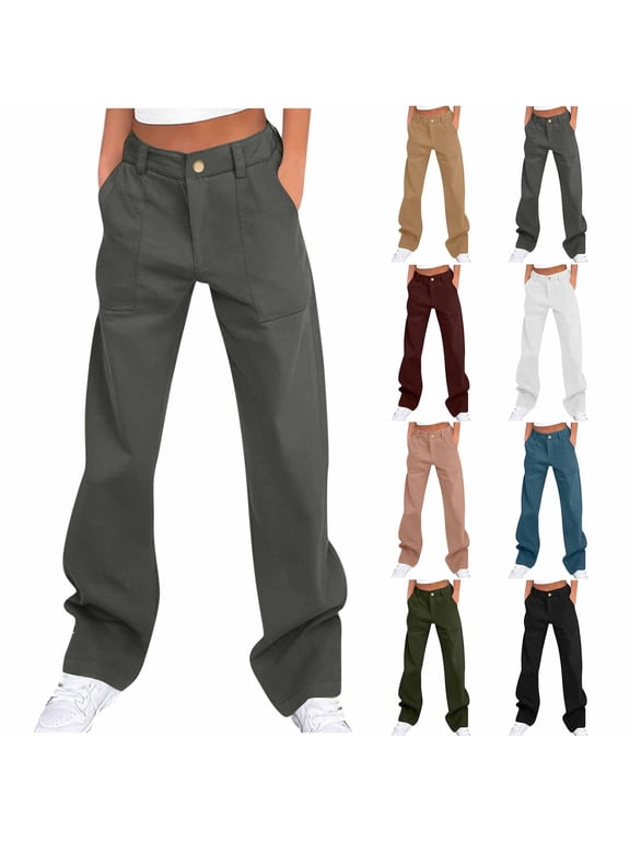 Tall Pants for Women Long Loose Straight Leg Casual Pants with Pockets and Button Waisted Trendy Trousers Army Green XL