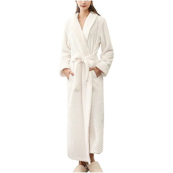 Oksale Thermal Fleece Robes for Women with Pockets Plus Size Belted Maxi Bathrobes Comfrtable Long Sleeve Nightgowns Trendy Shawl Collar Pajama Dress Warm Winter Loungewear White XXXL