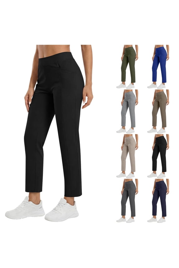 Travel Pants Women Petite Elastic High Waisted Ankle Pants Casual Comfortable Soft Straight Leg Trousers Black M