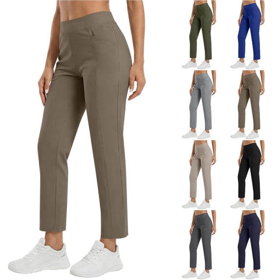Oksale Travel Pants Women Petite Elastic High Waisted Ankle Pants Casual Comfortable Soft Straight Leg Trousers Brown XL