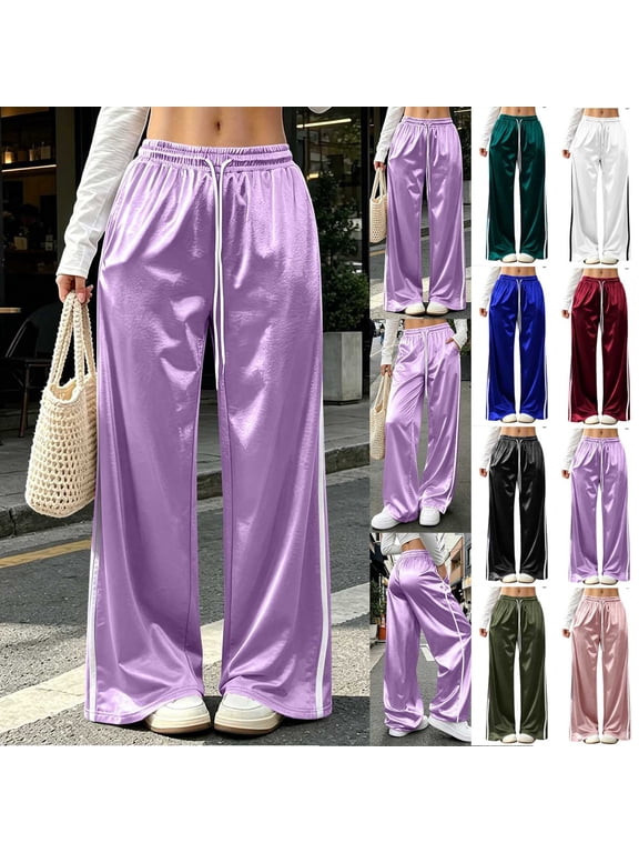 Travel Pants for Women Loose Cozy Wide Leg Satin Pants with Pockets Trendy Drawstring Elastic Low Rise Pull On Pants 2026 Army Green XL