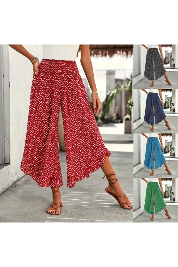 Travel Pants for Women On Plane Petite Polka Dot Pants Elastic High Waist Smocked Palazzo Pants Asymmetrical Hem Vacation Outfits Dark Blue M
