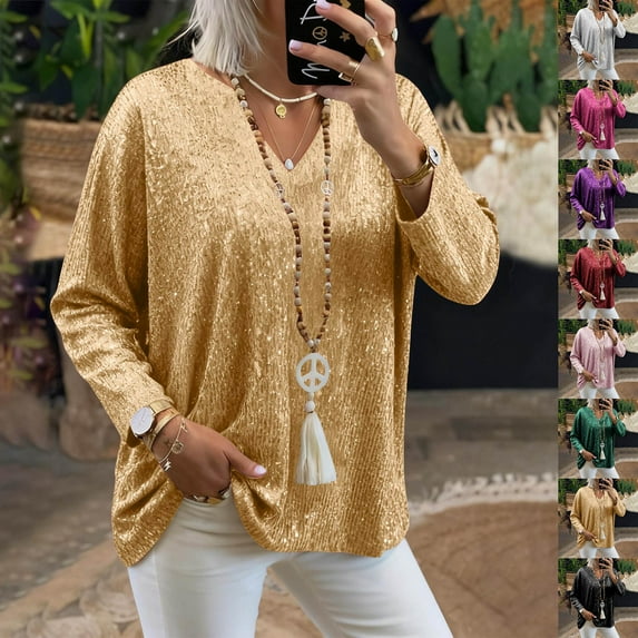 Oksale Trendy Sequin Party Tops for Women 2025 Long Sleeve V Neck Shirts Comfortable Loose Fit Blouse for Holiday Wine M