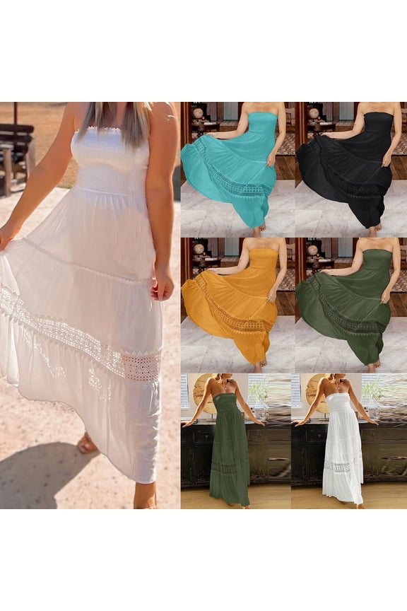 Tube Dresses for Women Summer 2026 Strapless Lace Trim Boho Dress Elastic Smocked Empire Waist Maxi Dresses Mint Green 2XL