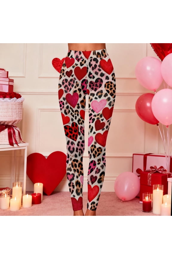 Tummy Control Leggings for Women 2026 Cute Leopard Love Valentines Elastic High Waisted Jeggings Soft Cozy Slim Camouflage Pants Pink S