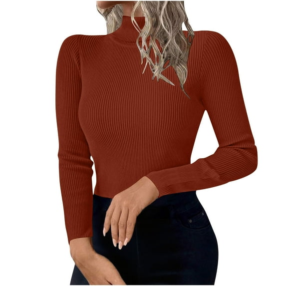 Oksale Turtle Neck Tops for Women Ribbed Knit Long Sleeve Winter Sweaters Slim Fit Solid Color Shirts Cozy Lightweight Sweater Brown M
