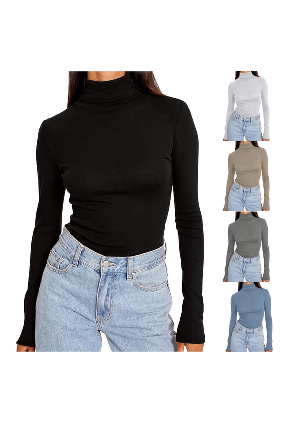 Turtleneck Shirts for Women Soft Cozy Long Sleeve Basic Tees Slim Trendy Solid Fall Tops Black L