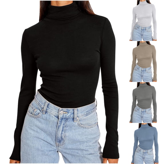 Oksale Turtleneck Shirts for Women Soft Cozy Long Sleeve Basic Tees Slim Trendy Solid Fall Tops Light Blue 5XL