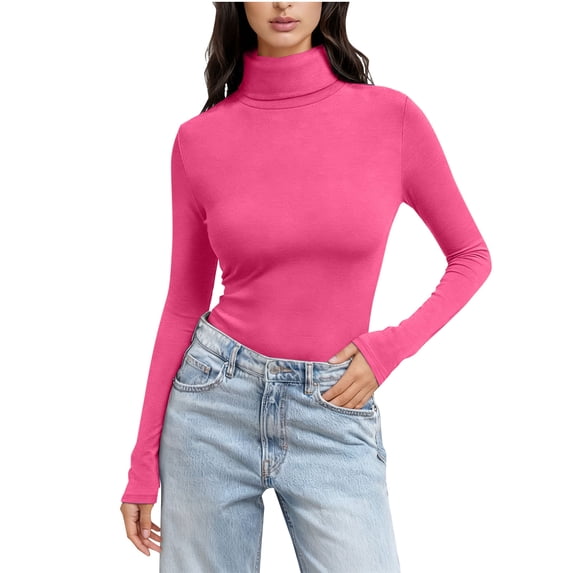 Oksale Turtleneck Tops for Women Long Sleeve Shirts Soft Comfort Slim Fit Basic Tops Classic Solid Fall Outfits Hot Pink XL