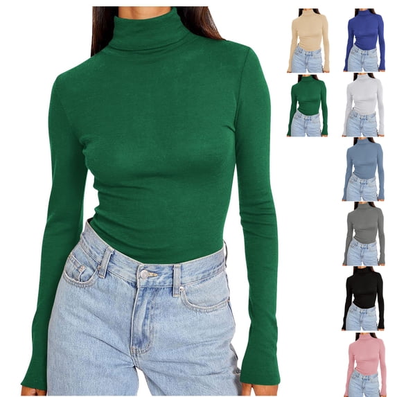 Oksale Turtleneck Tops for Women Plus Size Slim Fit Long Sleeve Shirts Lightweight Fall Fashion Clothing 2025 Green 5XL