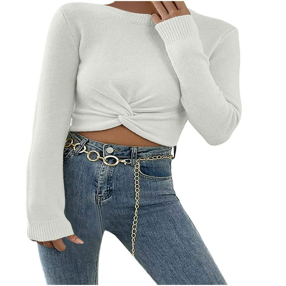 Oksale Twist Front Sweaters for Women Casual Round Neck Cropped Sweater Cozy Long Sleeve Pullover Lightweight Solid Color Tops White XL