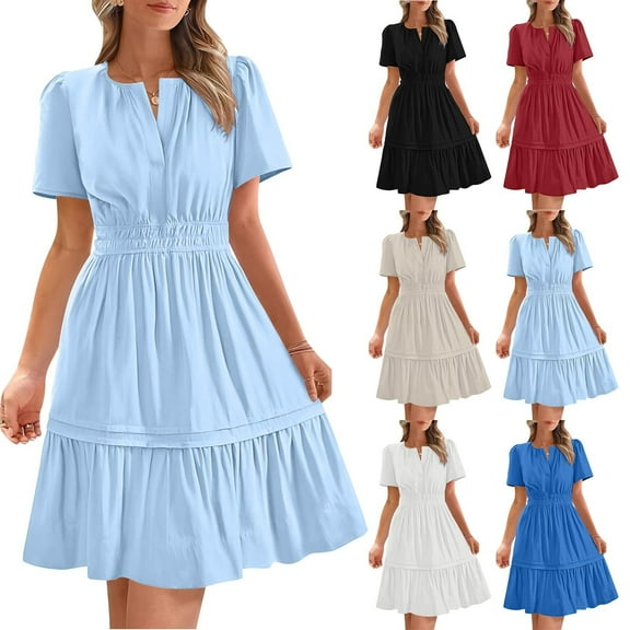 Oksale V Neck Dresses for Women Casual Short Sleeve Mini Dress Elastic Waisted Summer Dresses Solid Color Elegant Dress for Holiday 2026 Light Blue L