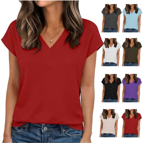 Oksale Linen Tops for Women Casual Cap Sleeve Basic Tees Classic V Neck T Shirts Lightweight Cozy Solid Ladies Tops Red M