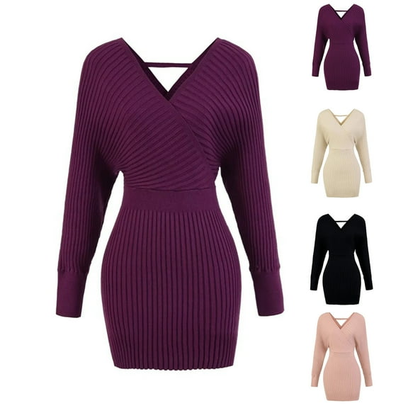 Oksale V neck Sweater Dresses for Women Trendy Off the Shoulder Bodycon Dress Slim Fit Mini Dress for Evening Party 2025 Beige M