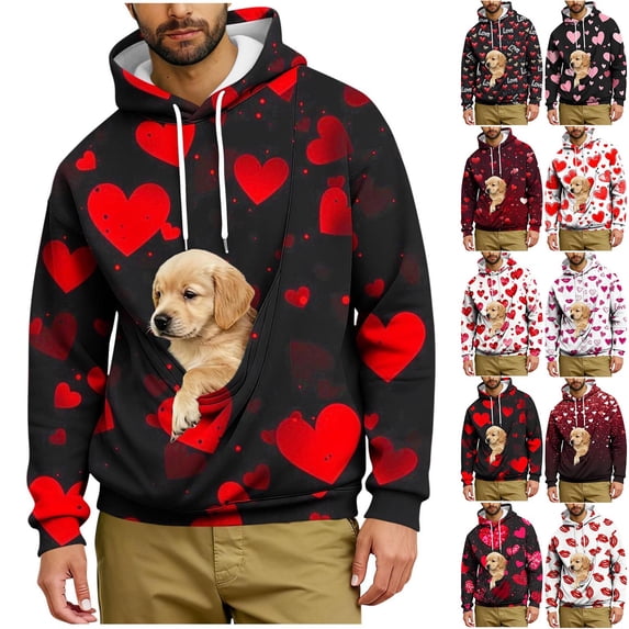 Oksale Valentines Day Hoodies for Men with Kangaroo Pouch Pet Carrier Sweatshirts Loose Long Sleeve Oversized Sweatshirt Cute Graphic Fashion Clothing Wine XL