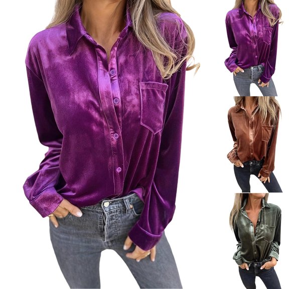 Oksale Velvet Blouses for Women Plus Size Long Sleeve Blouse Casual Button Down Lapel Shirts for Work 2025 Purple M