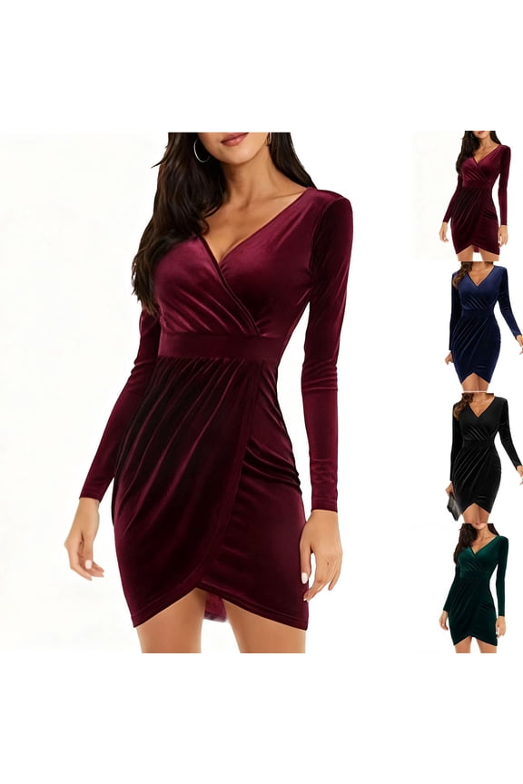 Velvet Dress for Women Wedding Guest Long Sleeve Winter Dresses Waisted Wrap Cocktail Dress Cross V Neck Prom Dresses Slim Fit Mini Dress for Party Green S