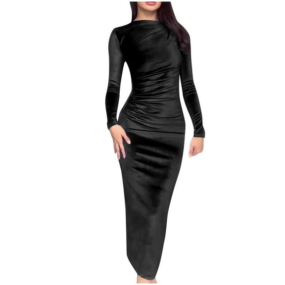 Oksale Velvet Dresses for Women Slim Fit 2025 Full Length Dress Casual Crewneck Long Sleeve Winter Dresses Elegant Winter Dress