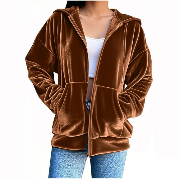 Oksale Velvet Tops for Women with Hood Trendy Full Zip Winter Sweatshirts with Pockets Solid Color Fall Jackets for Outside Coffee XL