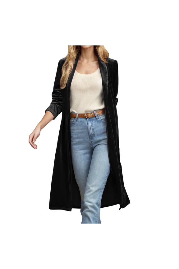 Velvet Trench Coat for Women Casual Open Front Cardigan Full Length Overcoat Loose Long Sleeve Outerwear Soft Comfortbale Fall Jackets Black XXL