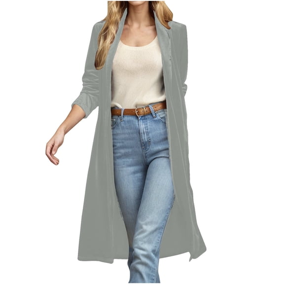 Oksale Velvet Trench Coat for Women Casual Open Front Cardigan Full Length Overcoat Loose Long Sleeve Outerwear Soft Comfortbale Fall Jackets Gray S