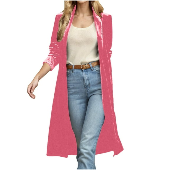 Oksale Velvet Trench Coat for Women Casual Open Front Cardigan Full Length Overcoat Loose Long Sleeve Outerwear Soft Comfortbale Fall Jackets Pink L