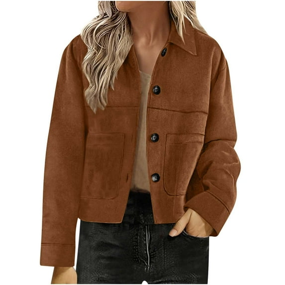 Oksale Vintage Faux Suede Jackets for Women Cropped Button Down Shirts Casual Lapel Jacket with Pockets Boyfriends Fall Fashion Outfits 2025 Coffee M