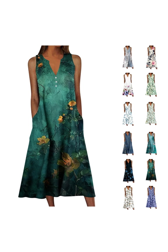 Vintage Graphic Nightgowns for Women Plus Size Sleeveless Sleep Shirt with Pockets Casual V Neck Night Gown Mid Length Sleep Dress Soft Elegant Loungewear 2025 Multicolor M