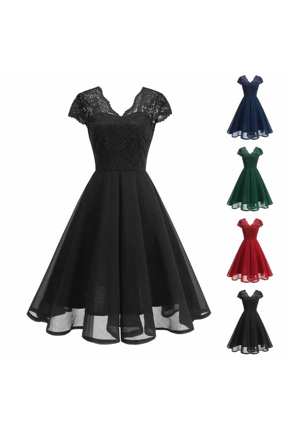 Vintage High Waisted Dresses for Women Wedding Guest Elegant Flowy A Line Evening Dress Short Sleeve Lace V Neck Formal Dresses Black S