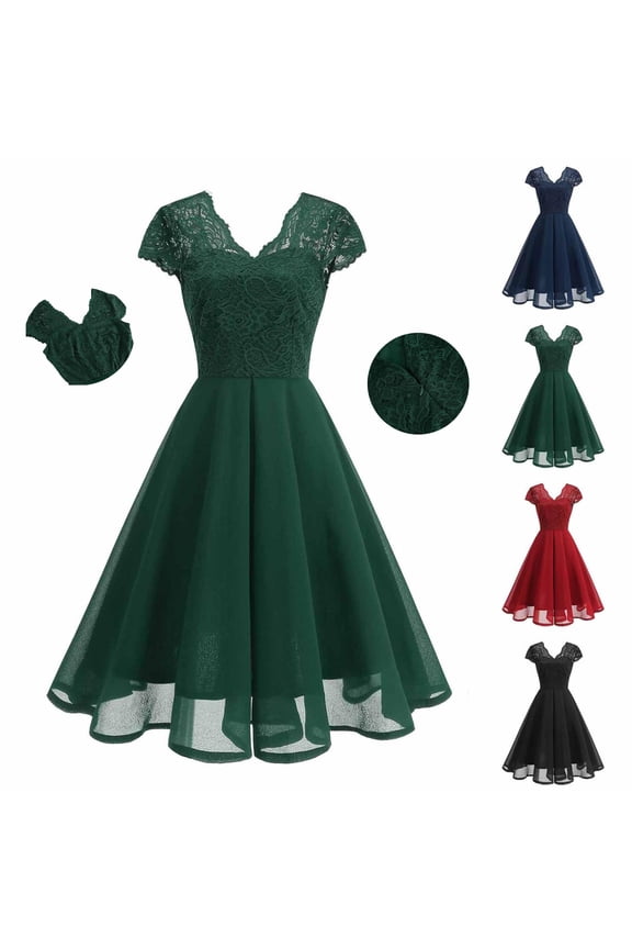 Vintage High Waisted Dresses for Women Wedding Guest Elegant Flowy A Line Evening Dress Short Sleeve Lace V Neck Formal Dresses Green S
