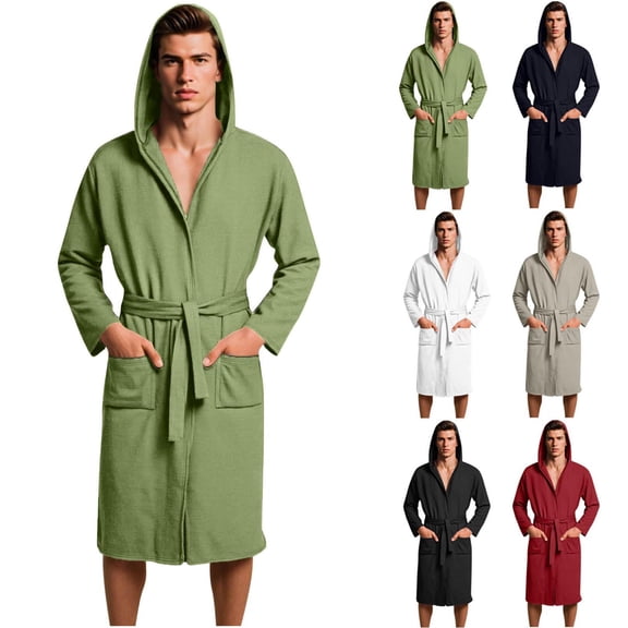 Oksale Waffle Knit Hooded Robes for Men with Pockets Belted Bath Robe Loose Long Sleeve Nightgowns Soft Knee Length Loungewear Army Green M
