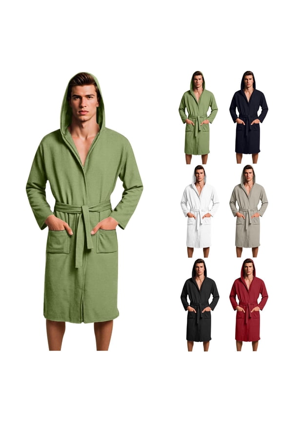 Waffle Knit Hooded Robes for Men with Pockets Belted Bath Robe Loose Long Sleeve Nightgowns Soft Knee Length Loungewear Army Green XL