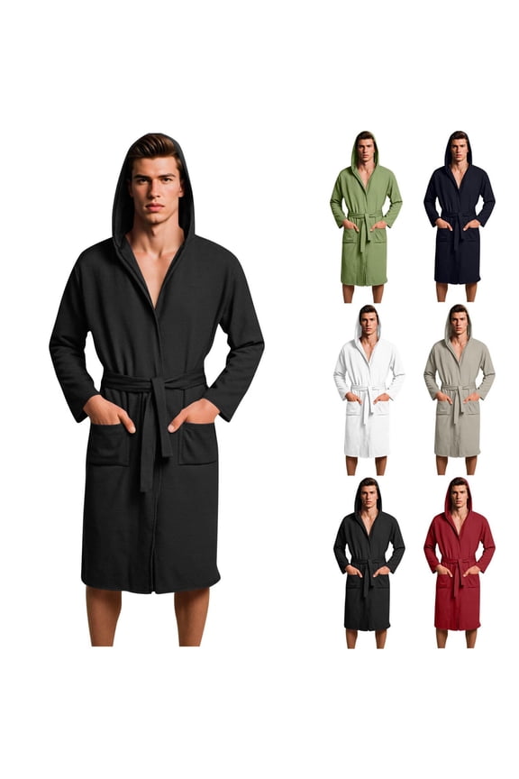 Waffle Knit Hooded Robes for Men with Pockets Belted Bath Robe Loose Long Sleeve Nightgowns Soft Knee Length Loungewear Black M
