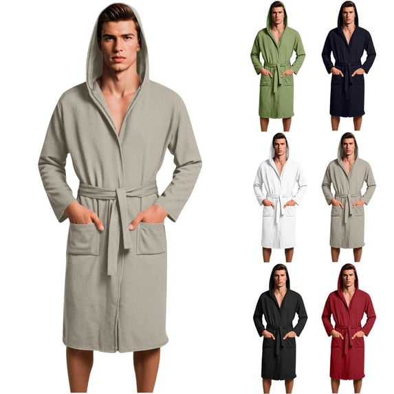 Oksale Waffle Knit Hooded Robes for Men with Pockets Belted Bath Robe Loose Long Sleeve Nightgowns Soft Knee Length Loungewear Gray XL
