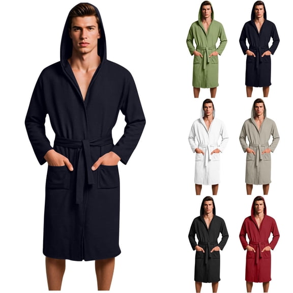 Oksale Waffle Knit Hooded Robes for Men with Pockets Belted Bath Robe Loose Long Sleeve Nightgowns Soft Knee Length Loungewear Navy L
