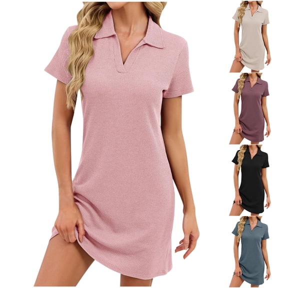 Oksale Waffle Knit Nightgown Women Trendy Lapel Short Sleeve Mini Pajama Dress Solid Color Loungewear Lightweight Comfortable Fashion Clothing Black S