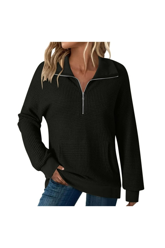 Waffle Knit Sweater for Women Quarter Zip Pullover Casual Lapel Sweaters Cozy Long Sleeve Jumpers Loose Fit Tops Black XXL