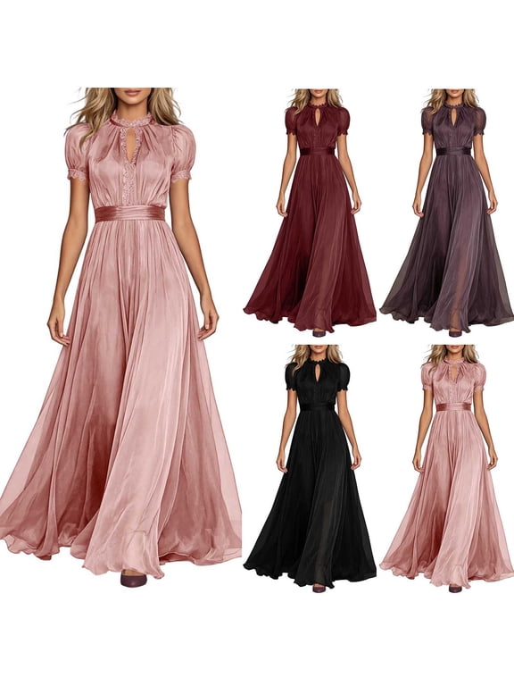 Wedding Guest Dresses for Women Formal Elegant Puff Sleeve Floor Length Evening Gowns Plus Size Lace Trim High Neck Maxi Dress for Brides Wine XL