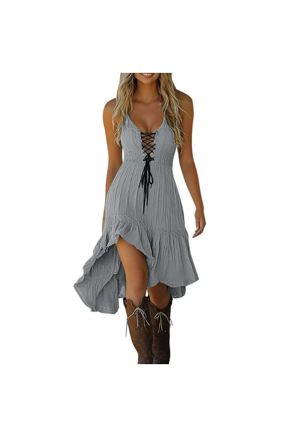 Western Dress for Women Cowgirl Vintage Lace Belted Sleeveless Midi Sundress Spaghetti Strap High Low Hem Cocktail Dress for Holiday Gray S