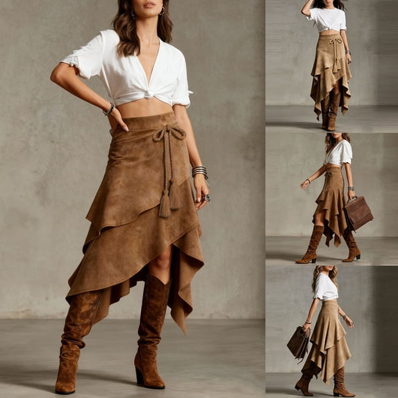 Oksale Western Skirts for Women Vintage Asymmetrical Hem Faux Suede Skirt Flowy Cowgirl Midi Skirts Khaki M