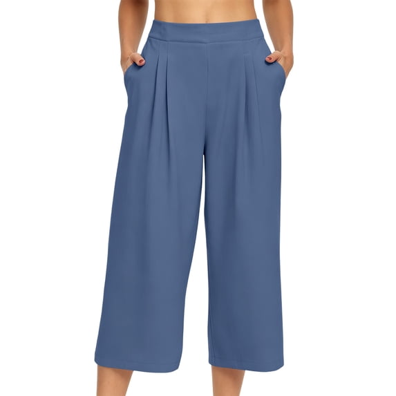 Oksale Wide Leg Capris for Women Plus Size Stretch High Waisted Capri Pants with Pockets Casual Pleated Front Summer Crop Trousers Blue L