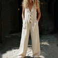 thumbnail image 1 of Oksale Wide Leg Jumpsuits for Women Plus Size Casual Cozy Linen Jumpsuit Dressy Button V Neck Sleeveless Bib Overalls with Pockets Khaki 3XL, 1 of 3