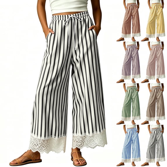 Oksale Wide Leg Pants for Women Petite Lace Trim Striped Pants with Pockets Loose Cozy Drawstring Elastic Waist Ankle Pants Coffee M