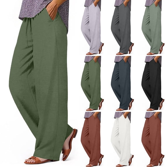 Oksale Wide Leg Pants for Women Tall Elastic Drawstring High Waisted Summer Pants with Pockets Loose Fit Full Length Vacation Outfits Army Green S