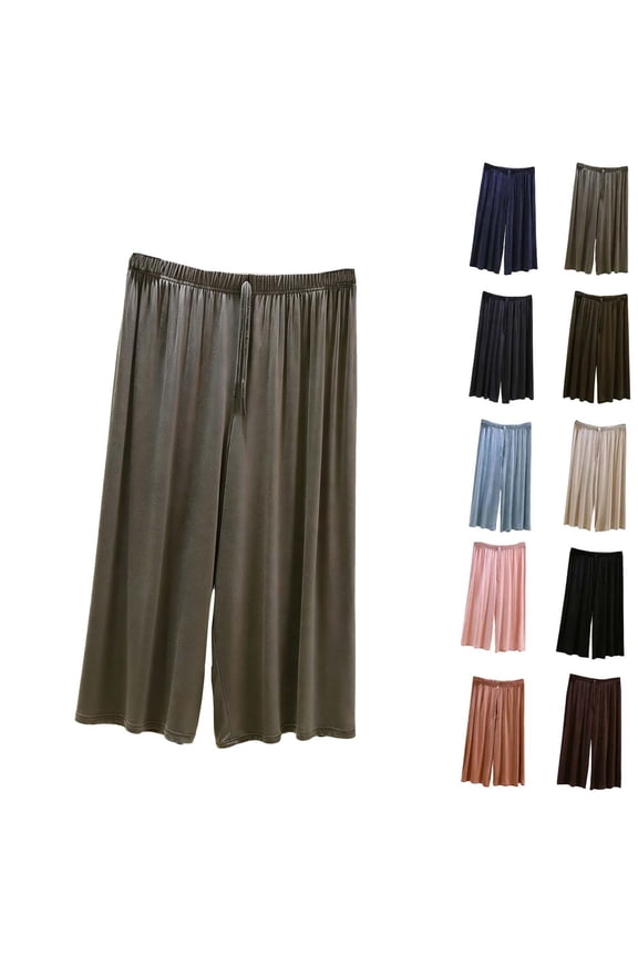 Wide Leg Pj Pants Women Casual Loose Plus Size Pajama Pants Breathable Trendy Capri Lounge Pants ELastic Waist Drawstring Summer Sleepwear Army Green M