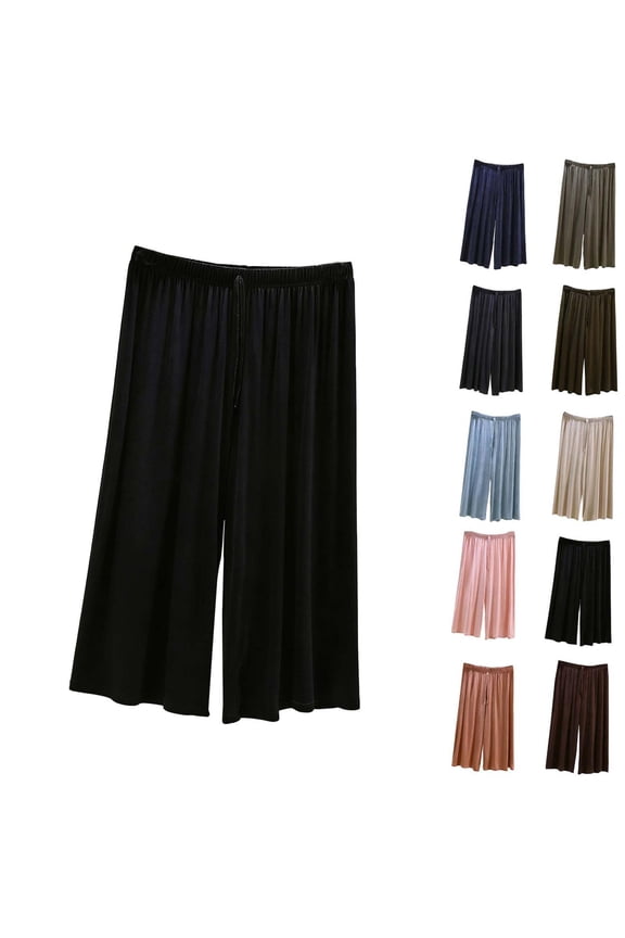 Wide Leg Pj Pants Women Casual Loose Plus Size Pajama Pants Breathable Trendy Capri Lounge Pants ELastic Waist Drawstring Summer Sleepwear Black 3XL
